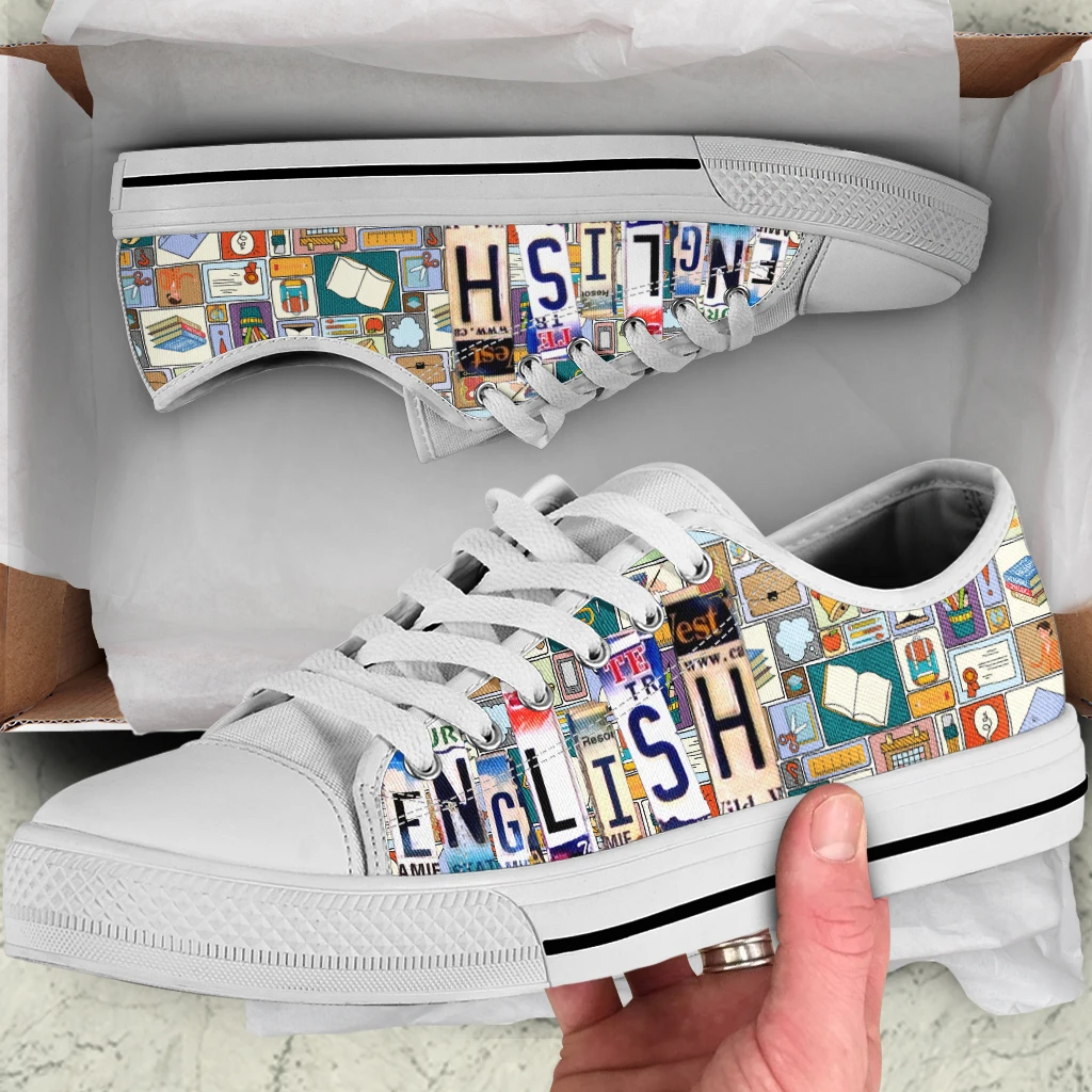 

BKQU License Plate English Print Flat Shoes Lightweight Low Top Canvas Shoes for Women Casual Lace Up Sneakers Zapatillas mujer