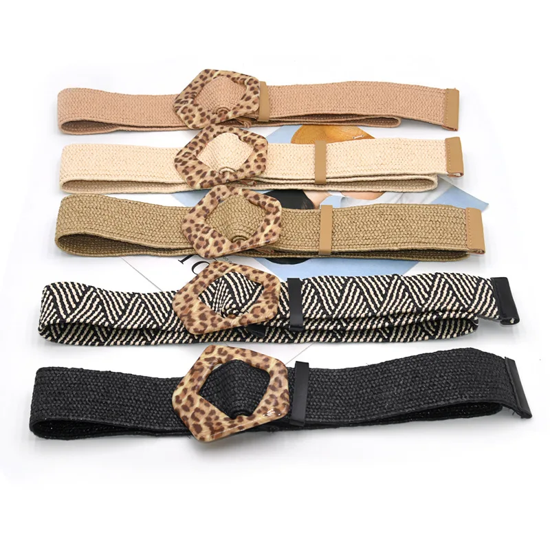 

2023 Fashion Summer Women Elastic Belt Round Buckle Vintage Boho Straw Woven Belt Dress Belt