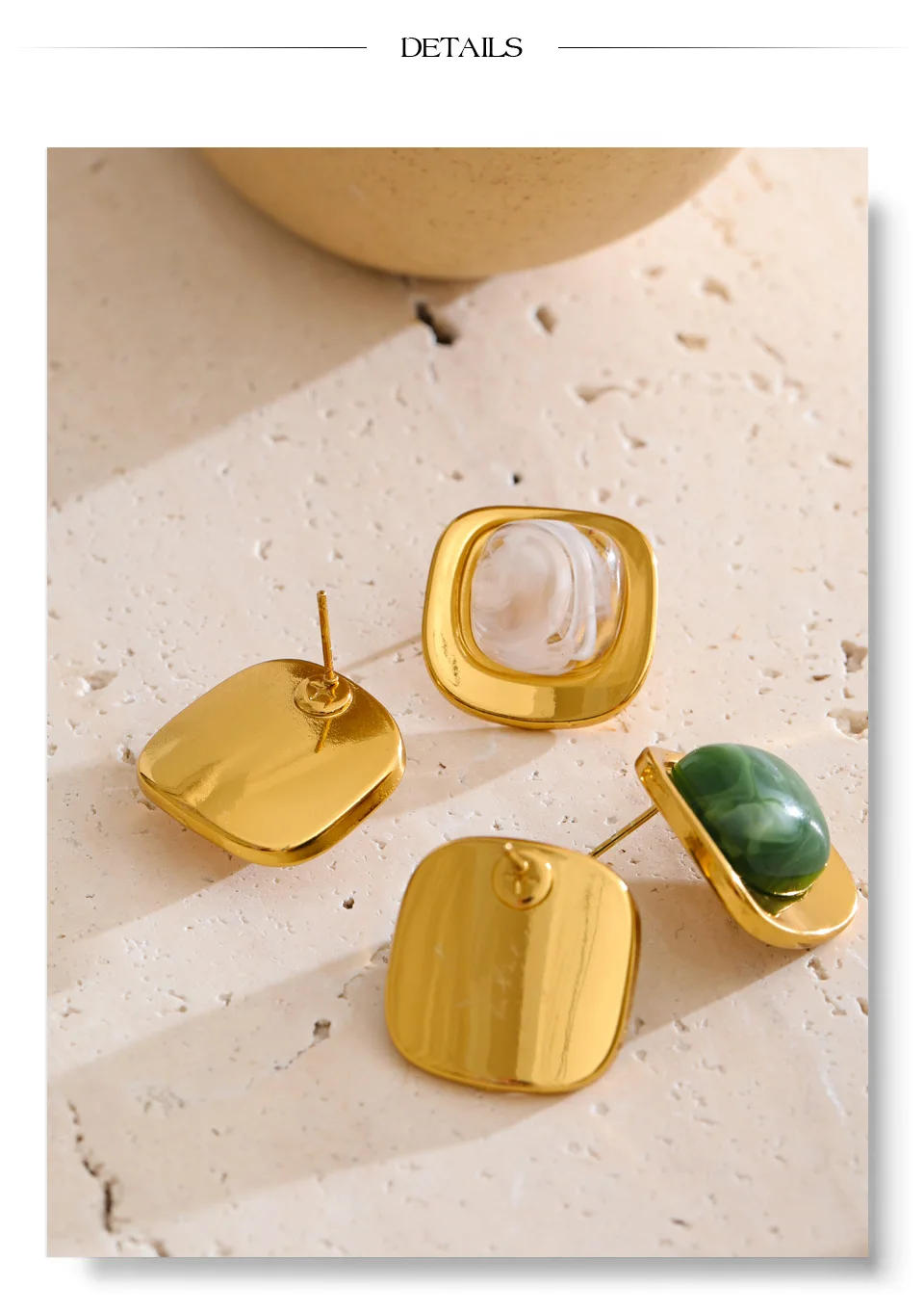Yhpup White Green Resin Square Stud Earrings 18K Golden PVD Plated Stainless Steel Daily Wear Trending Jewelry Wholesale_voghion.com