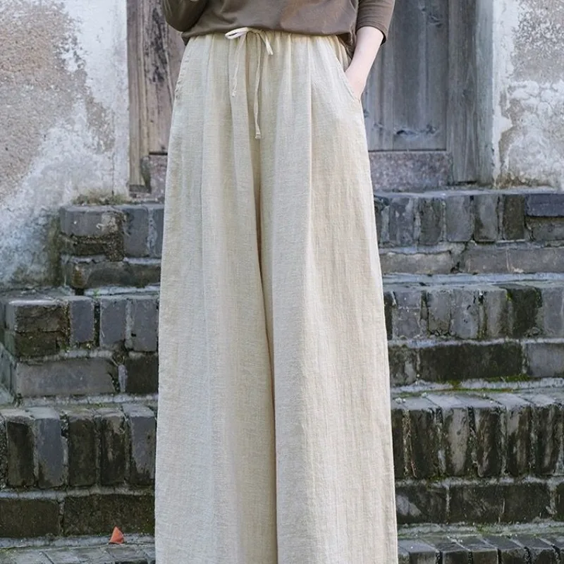 Vintage Summer Women's 2024 New Spliced Elasticized Drawstring Pocket Fashion Solid Loose Comfortable Casual Wide Leg Pants