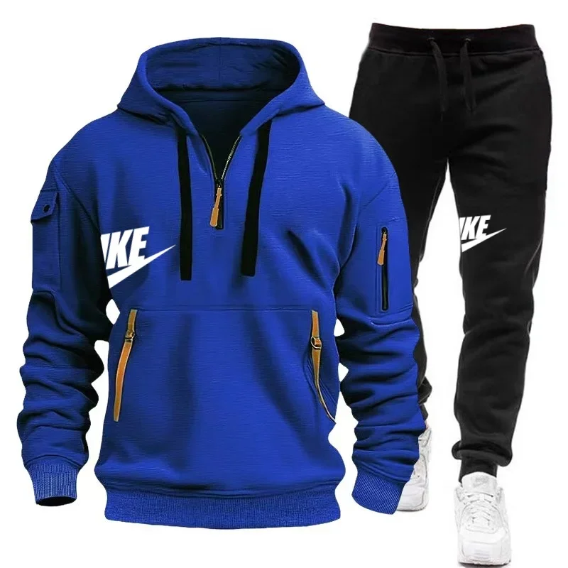 Conjunto deportivo informal para hombre con sudadera con capucha multibolsillos y pantalones deportivos en estilo otoño-invierno.