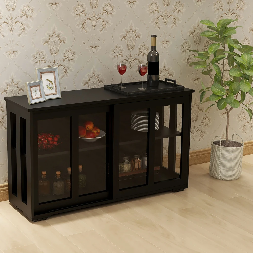 Kitchen Storage Stand Cupboard with Glass Door-Black Shaped Industrial Freestanding Floor Bar Cabinets Liquor Glasses Storage