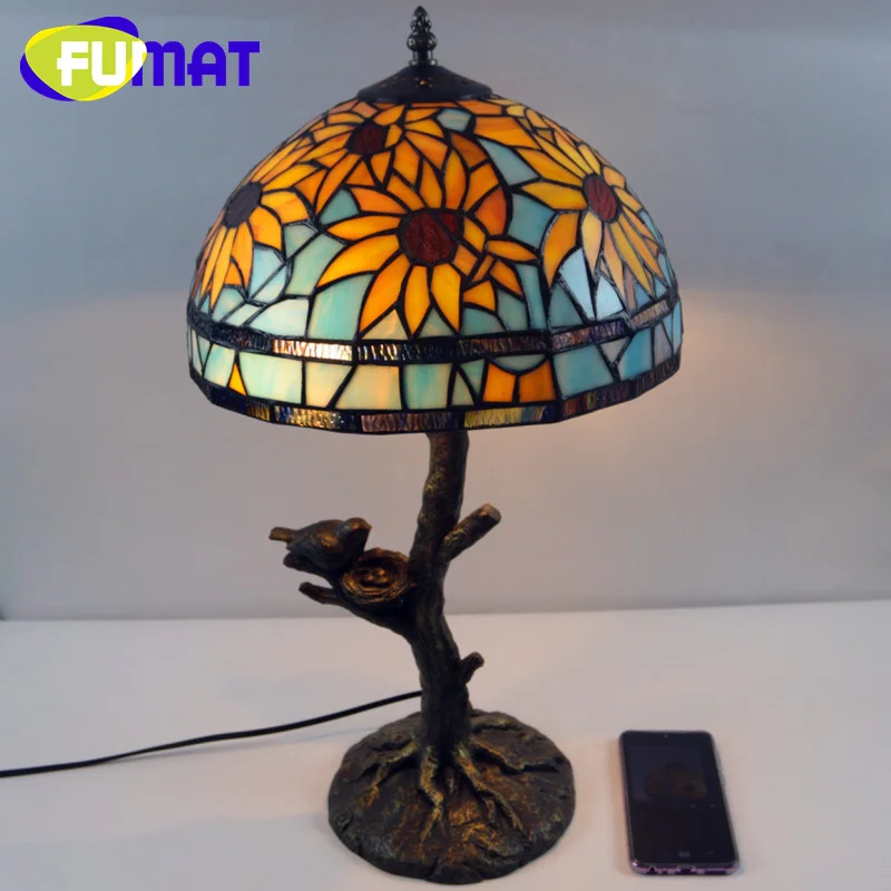 

FUMAT Tiffany Vintage stained glass creative Round leaf style table lamp decor living room study bedroom eye protection lamp