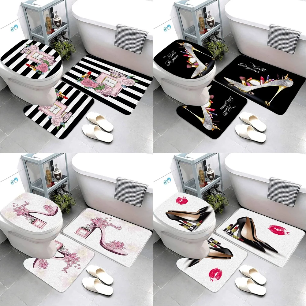 

Sexy Red lip High Heels Bathroom Floor mat Toilet seat Black and White Striped Geometric Home Decor