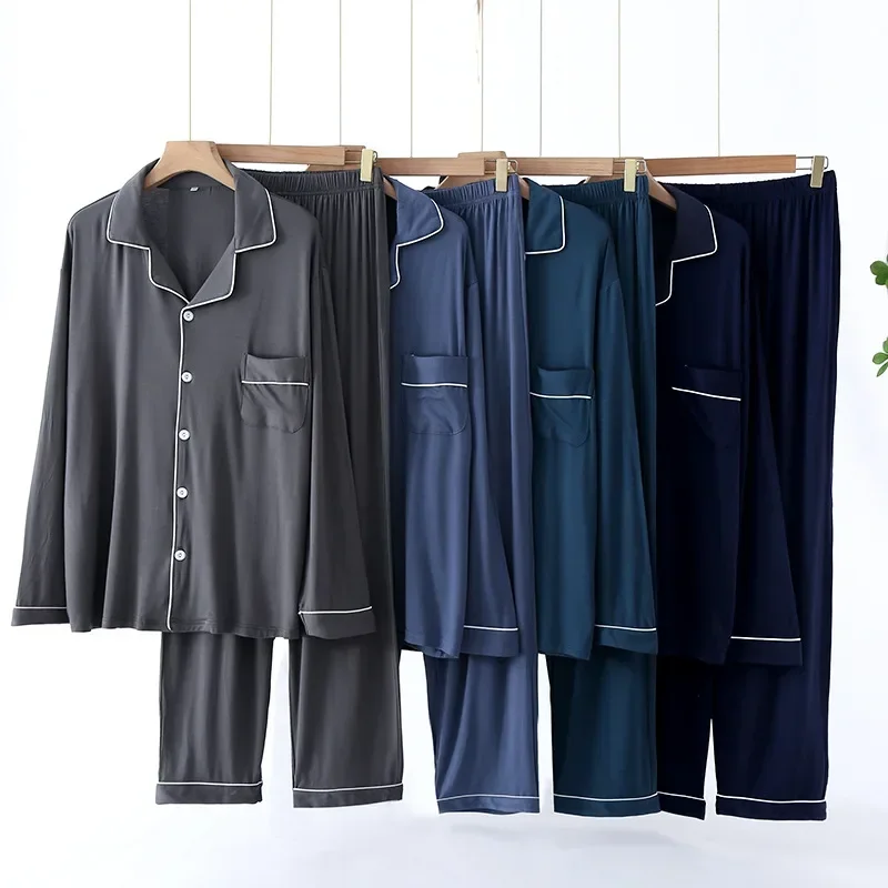 Trouser Pajamas Sets Men Spring Autumn Long Sleeve Modal Thin Plus-Sized Homewear Suit Solid Colors Pyjama Men Sets pajamas set man pajamas set