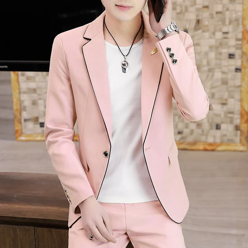 Spring 2025 Men's Slim-fit Korean Style Fashion Suit Set Youthful Handsome Two-piece Polyester Suits for Men