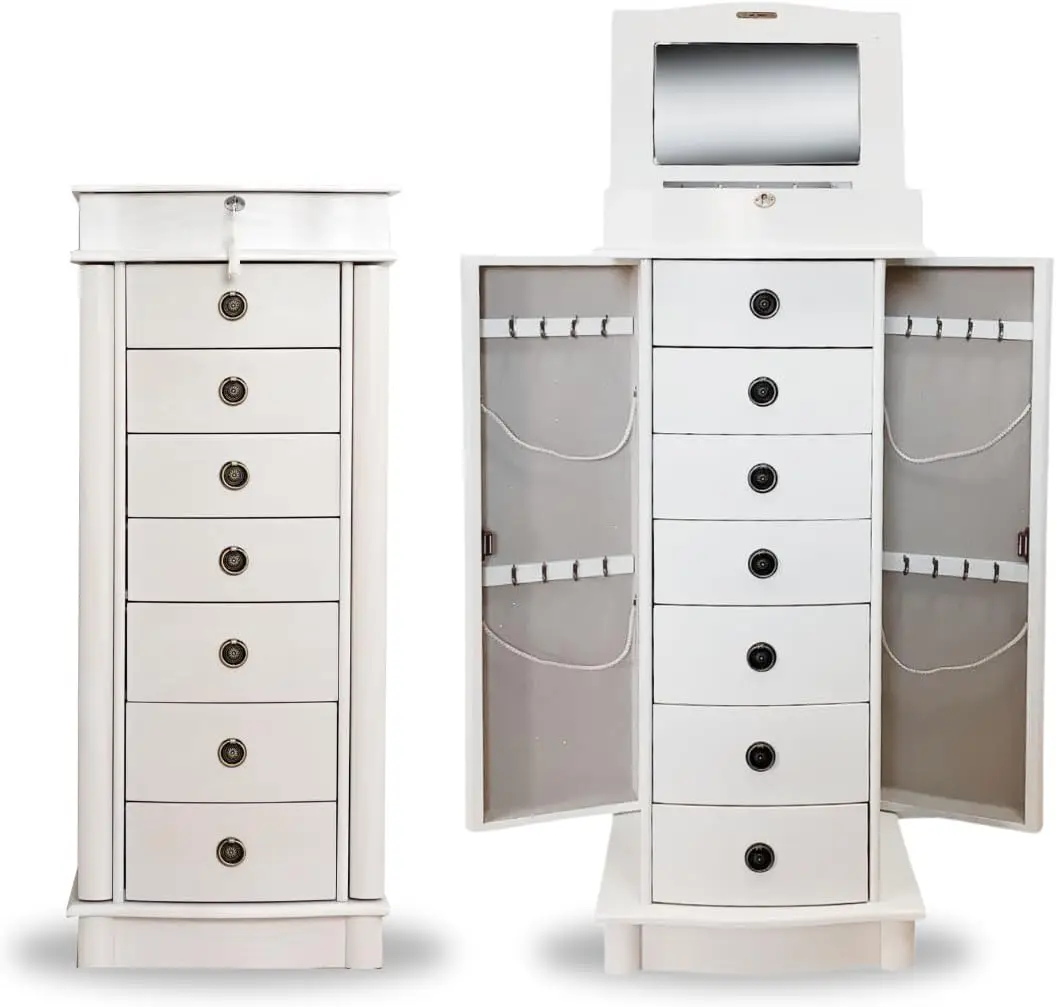 

Jewelry Armoire, Locking Storage Organizer with 7 Drawers and 2 Doors Featuring Necklace Hooks