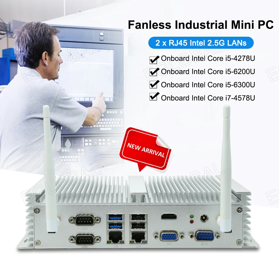 Eglobal Industrial Fanless Mini PC with I5 6300U, I7 10510U, Windows 7/8/10, VPN Router, VGA, HDMI, 4G, WiFi, BT Description Image.