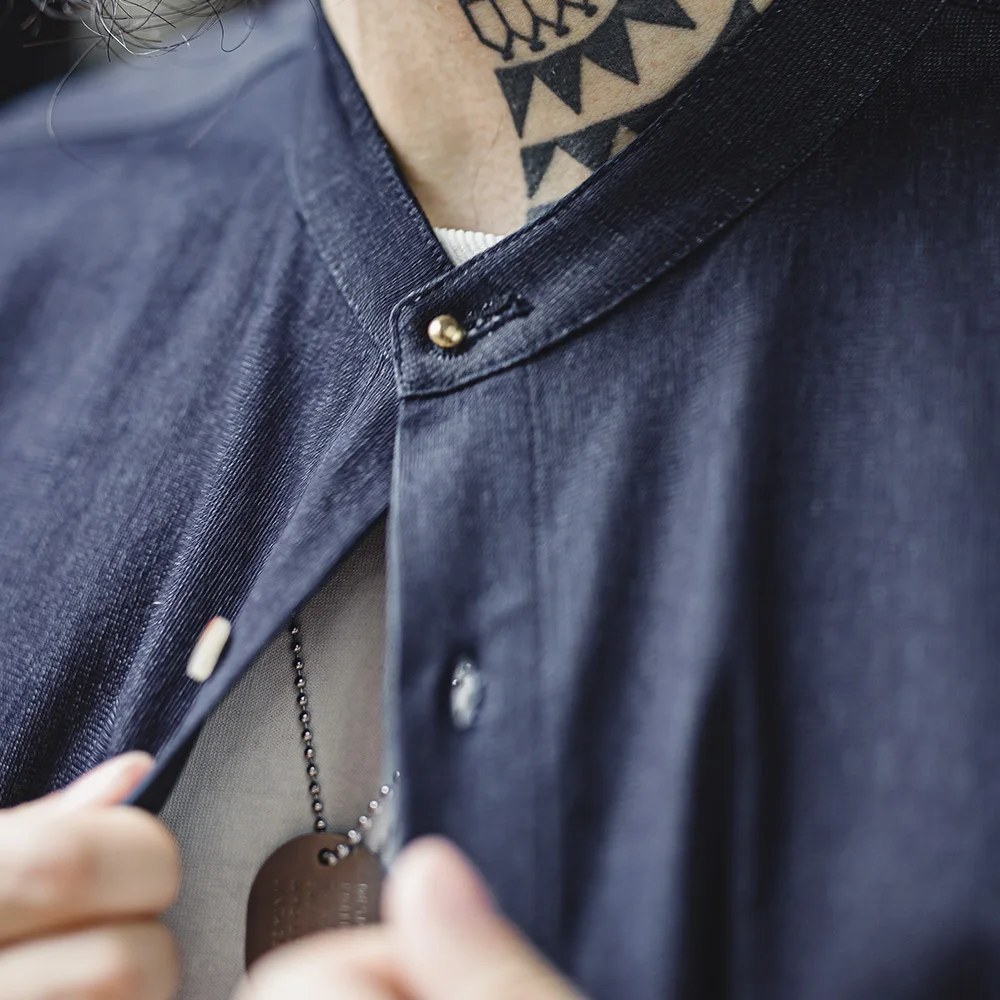 Maden Retro Cool Ice Silk Denim Shirt with Washed Round Neck Casual Solid Color Long-sleeved Shirt for Men's Autumn