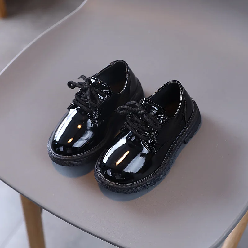 Black PU Leather Kids Casual Lace Up Shoes