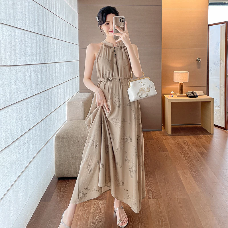 2025 Summer Chinese Style Plus Size Women Dress Sleeveless Floral Dress Fashion Maternity Long Loose Strap Dress Holiday Clothes 2 2025 Summer Chinese Style Plus Size Women Dress Sleeveless Floral Dress Fashion Maternity Long Loose Strap Dress Holiday Clothes - Image 2