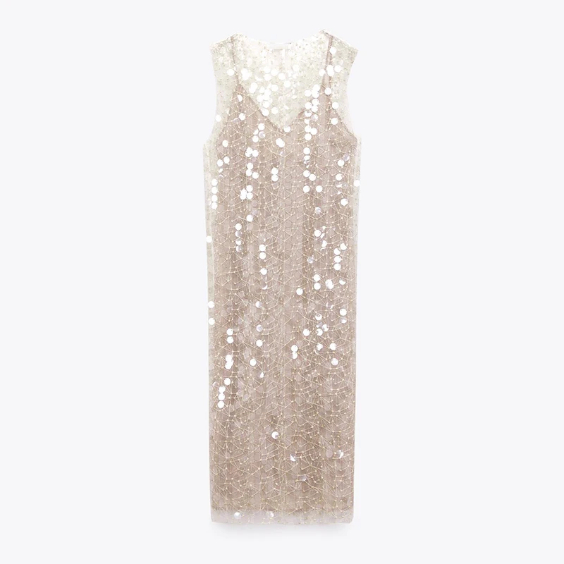 

2024 New O-Neck Sequin Mid Dress Women Spring Sleeveless Loose Long Dresses Autumn Streetwear Female High Waist Pullover Dresses