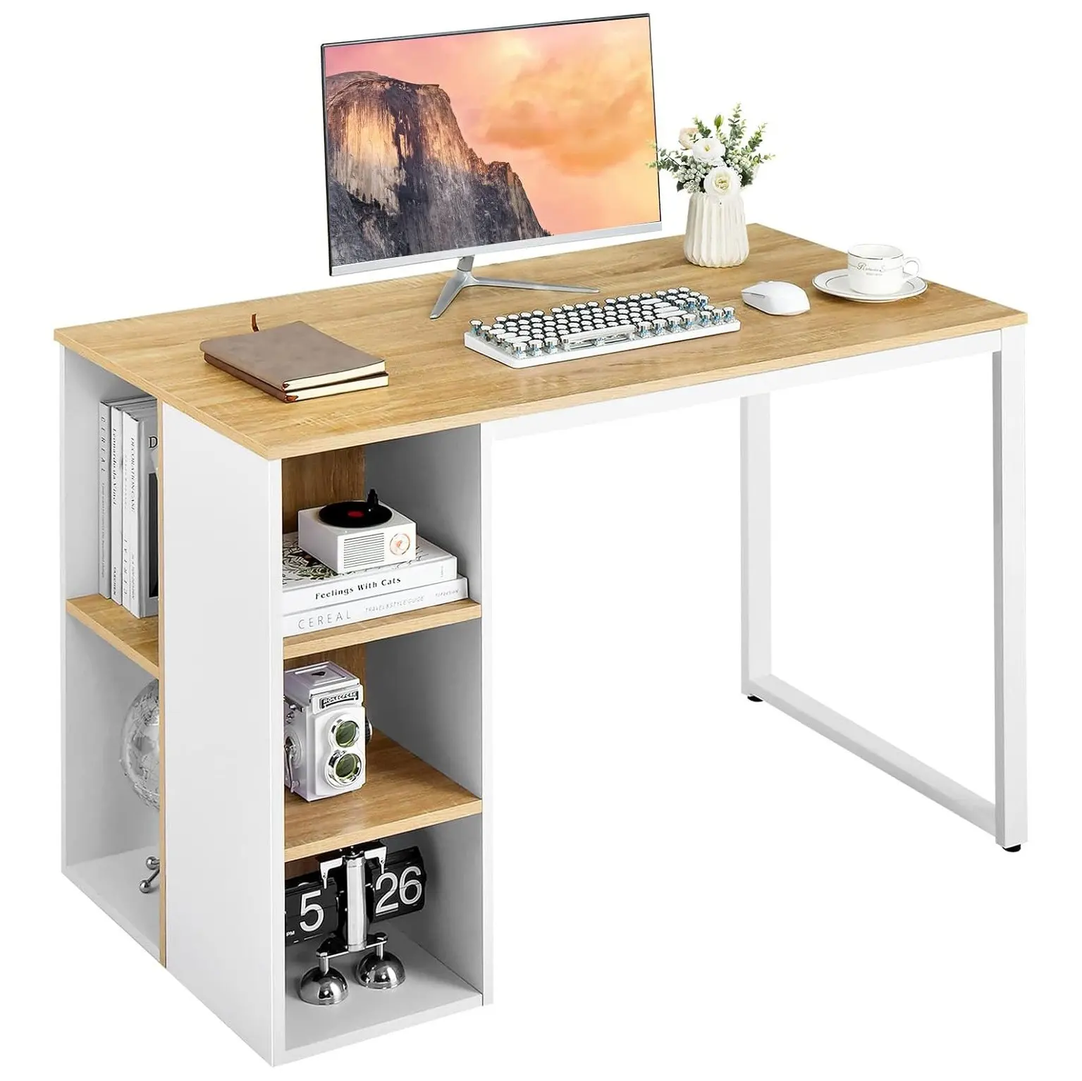 Desk with 5 Compartments, Computer Desk with Metal Frame, Modern Work Table, Wooden Office Table, PC Table, 115 x 59.5 x 75 cm