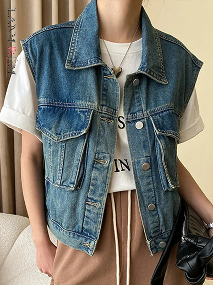 

Женский джинсовый жилет LANMREM, однобортный жилет с отворотами на рукавах и синими карманами, весна 2024, новая одежда, 2AA4988