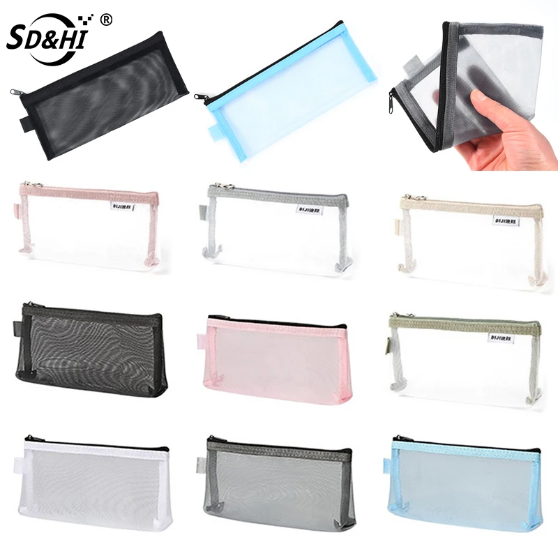 

Creative Mesh Transparent Cute Square Portable Pen Pencil Pouch Bag School Office Supply Stationery Case Unisex School Supplies