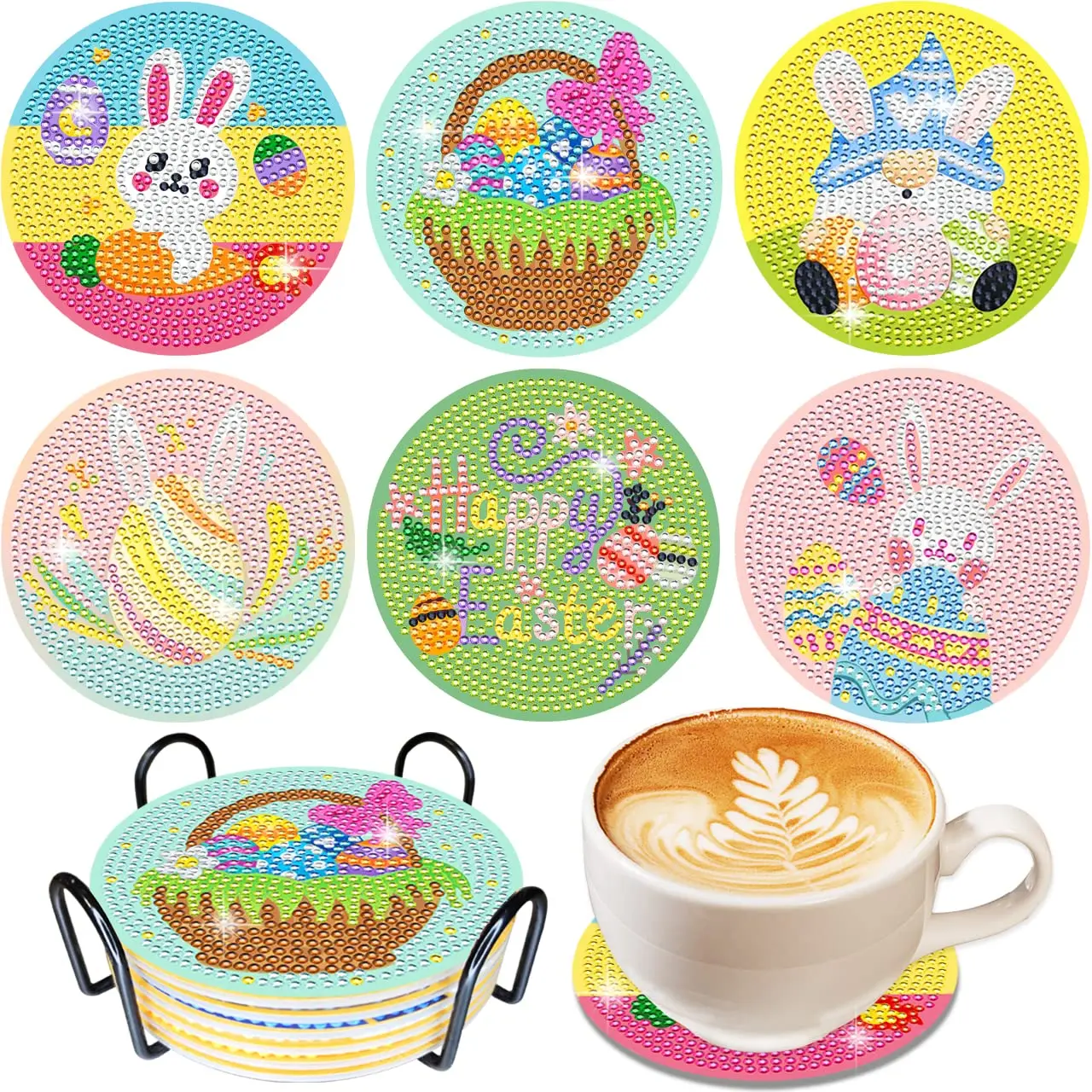 

6Pcs DIY Diamond Painting Coaster Easter Bunny Eggs Rhinestones Mosaic Embroidery Table Placemat Insulation Pad Home Decor Gifts