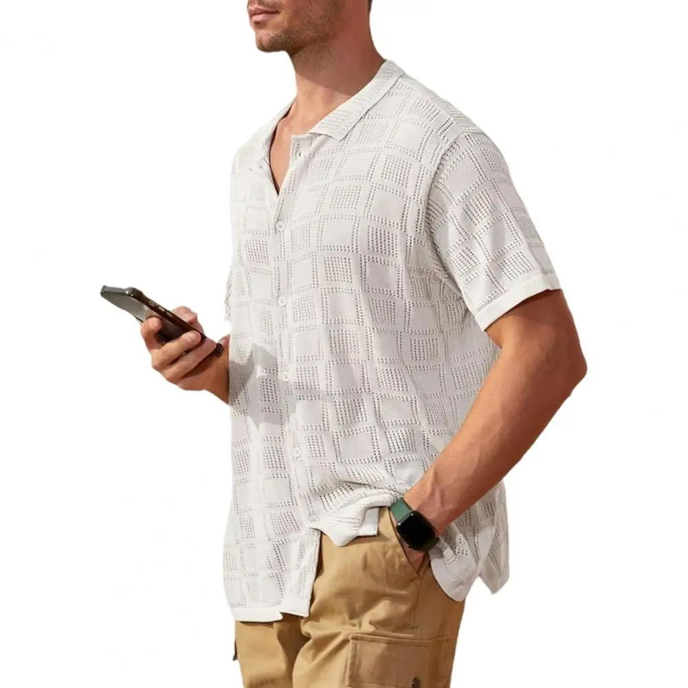 

Рубашка мужская летняя с отложным воротником и короткими рукавами, дышащий топ с геометрическим узором, рабочая уличная одежда для отдыха, одежда для отдыха