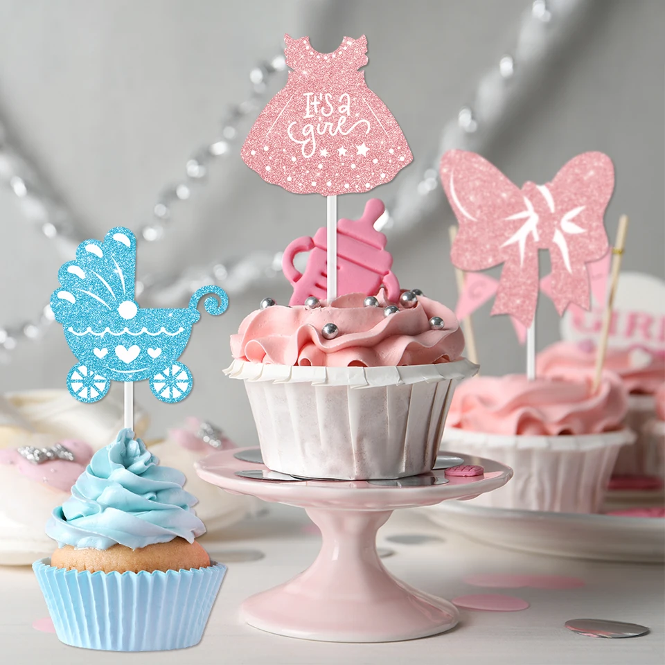 Non Edible Cake Toppers Kids Birthday 24-Pack Gender Reveal Cupcake Toppers  - Glitter Pink Dress & Blue Onesie Picks For Baby Shower, Birthday Parties  Non-edible Cupcake Toppers