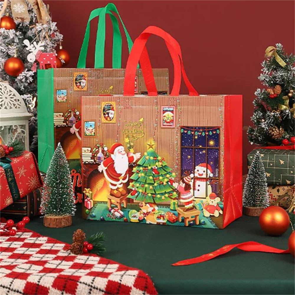 Merry Christmas Non-woven Gift Bag Snowman Xmas Tree Pattern Tote Handle Bag Gift Packaging Waterproof Storage Pouch