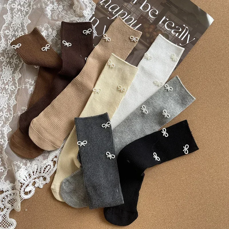 Kids Girls Pearl White Bow Sock Simple Korean Bow New Calf Knee High Long Sock for Children Spring Autumn Cotton School Sock