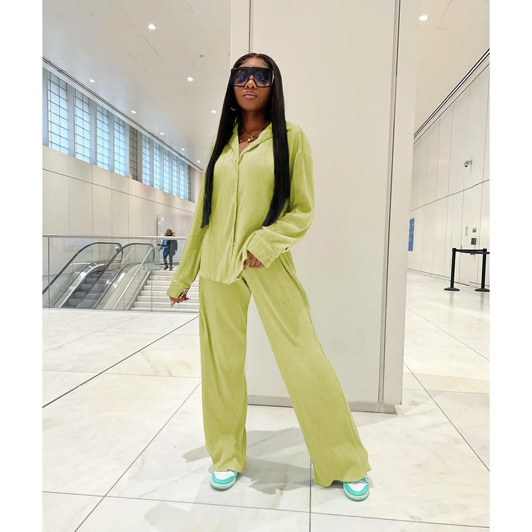 Female Clothes Outfits Elegant Woman Loose Pants And Blouse Set Autumn Winter Casual Long-Sleeved Blouse & Wide Leg Pants Suit