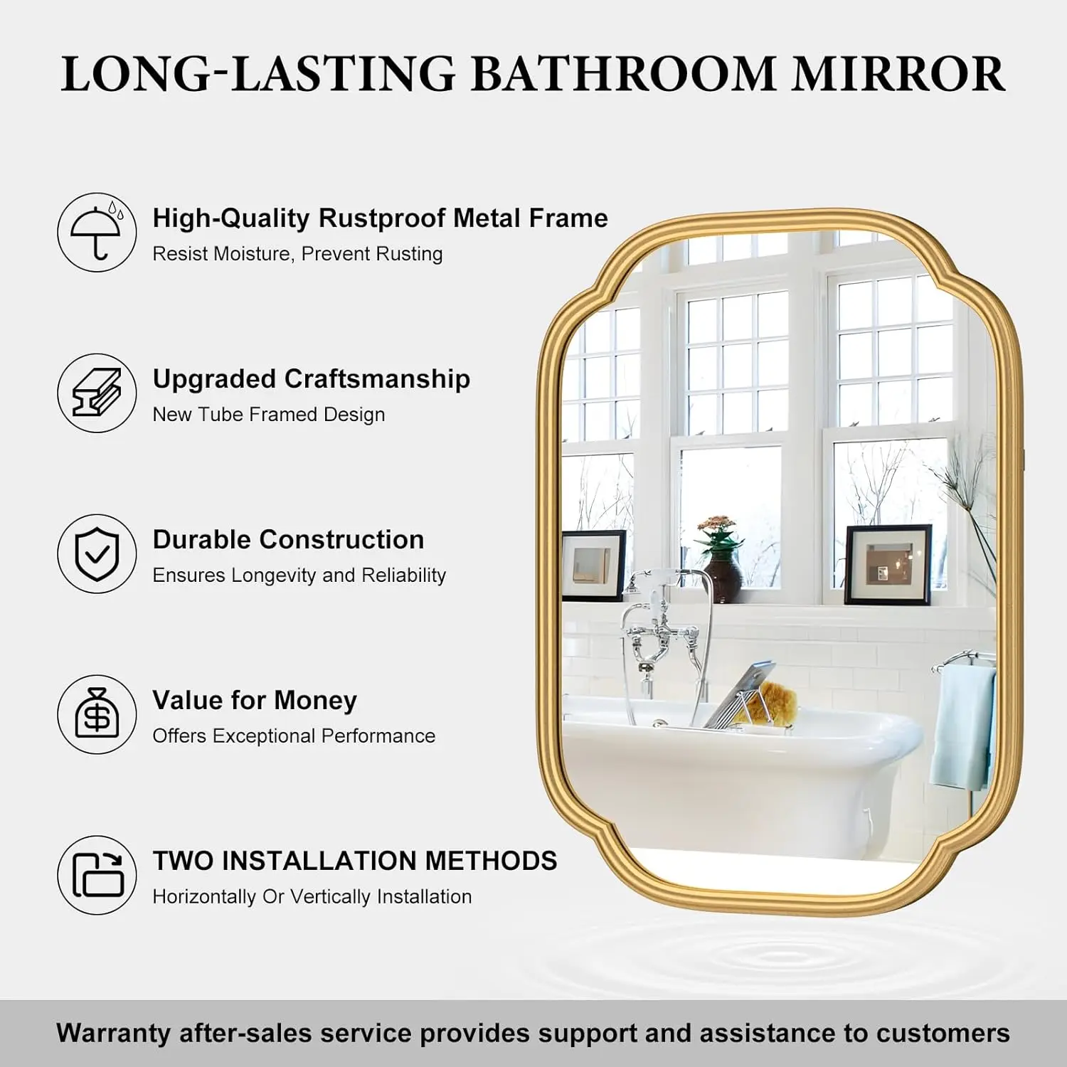 Gold Bathroom Mirror. 18"x24". Rectangular. Metal Frame. Farmhouse Style. Rounded Corners. Horizontal/Vertical.