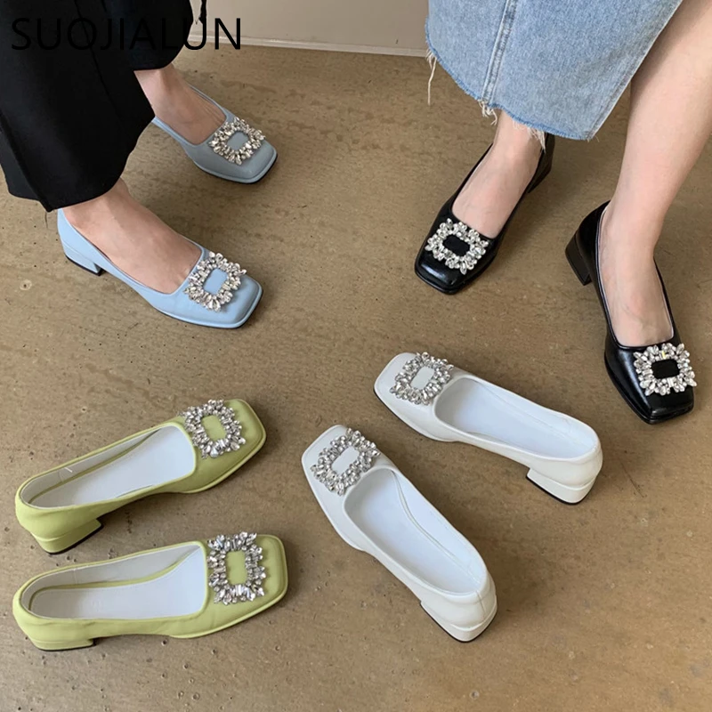 

SUOJIALUN 2022 Autumn New Women Flats Shallow Slides Square Toe Rhinestone Buckle Slip On Ladies Elegant Dress Shoes Ballte Sho