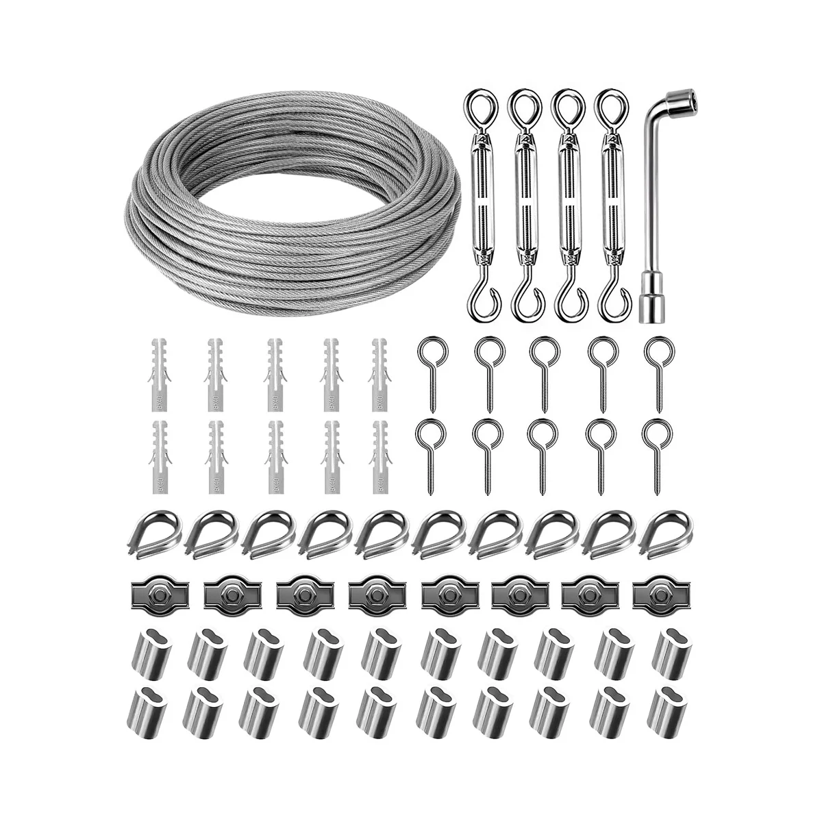 

30M Φ 3mm Steel Wire Kit, 304 Stainless Steel Tension Wire, Steel Wire Covered with Eyelet Tensioning Kit, Turnbuckle