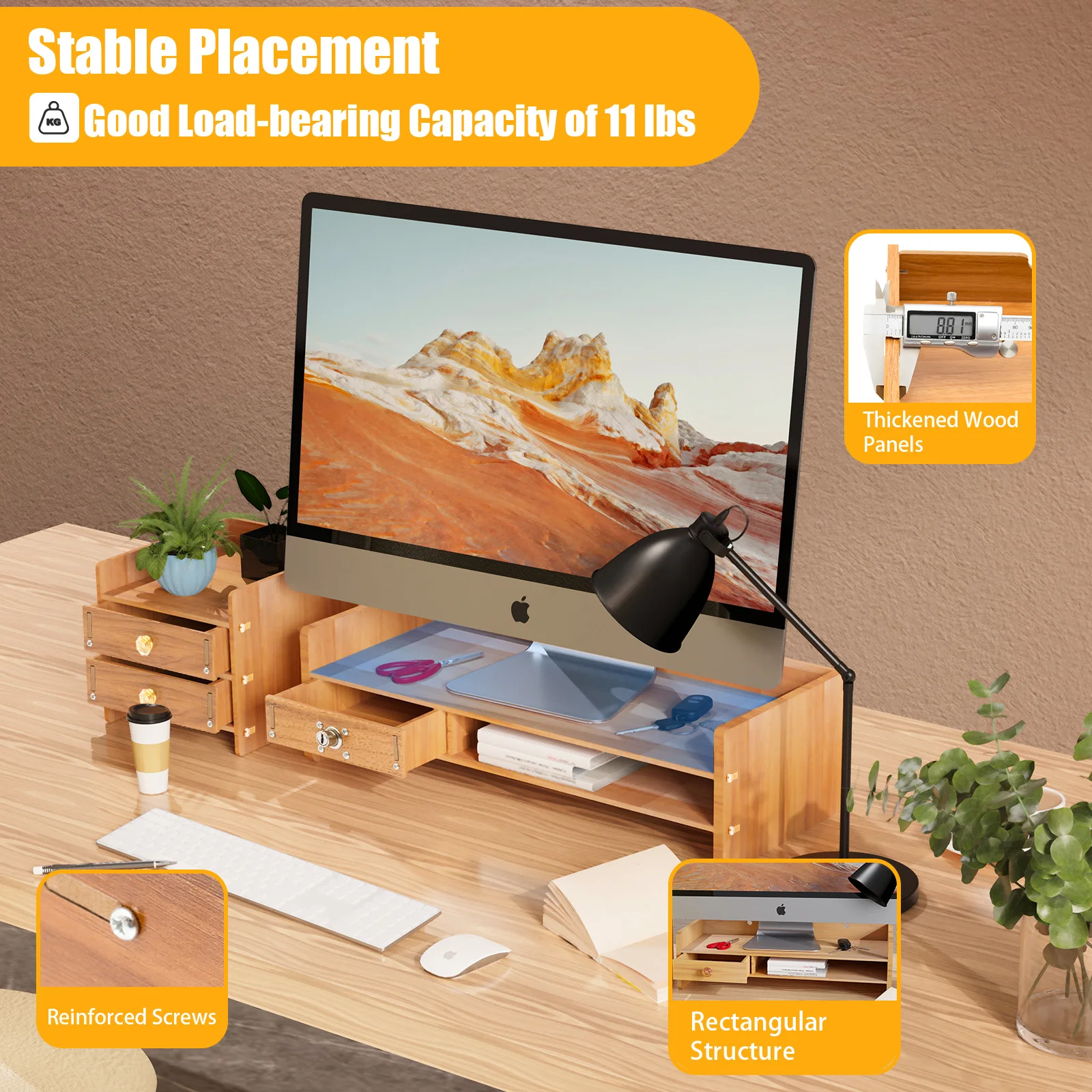 

Desk Organizer Computer Riser Monitor Stand Stand Desktop Storage Desk With Lock, Computer Desktop Tray, Storage, Office, File