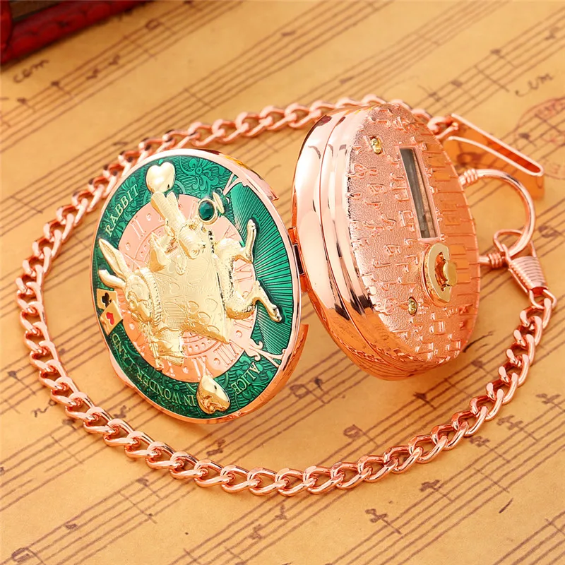 Vintage Style Pocket Watch with Song Men Women Musical Quartz Analog Clock Golden Rabbit with Trumpet Necklace Pendant Chain