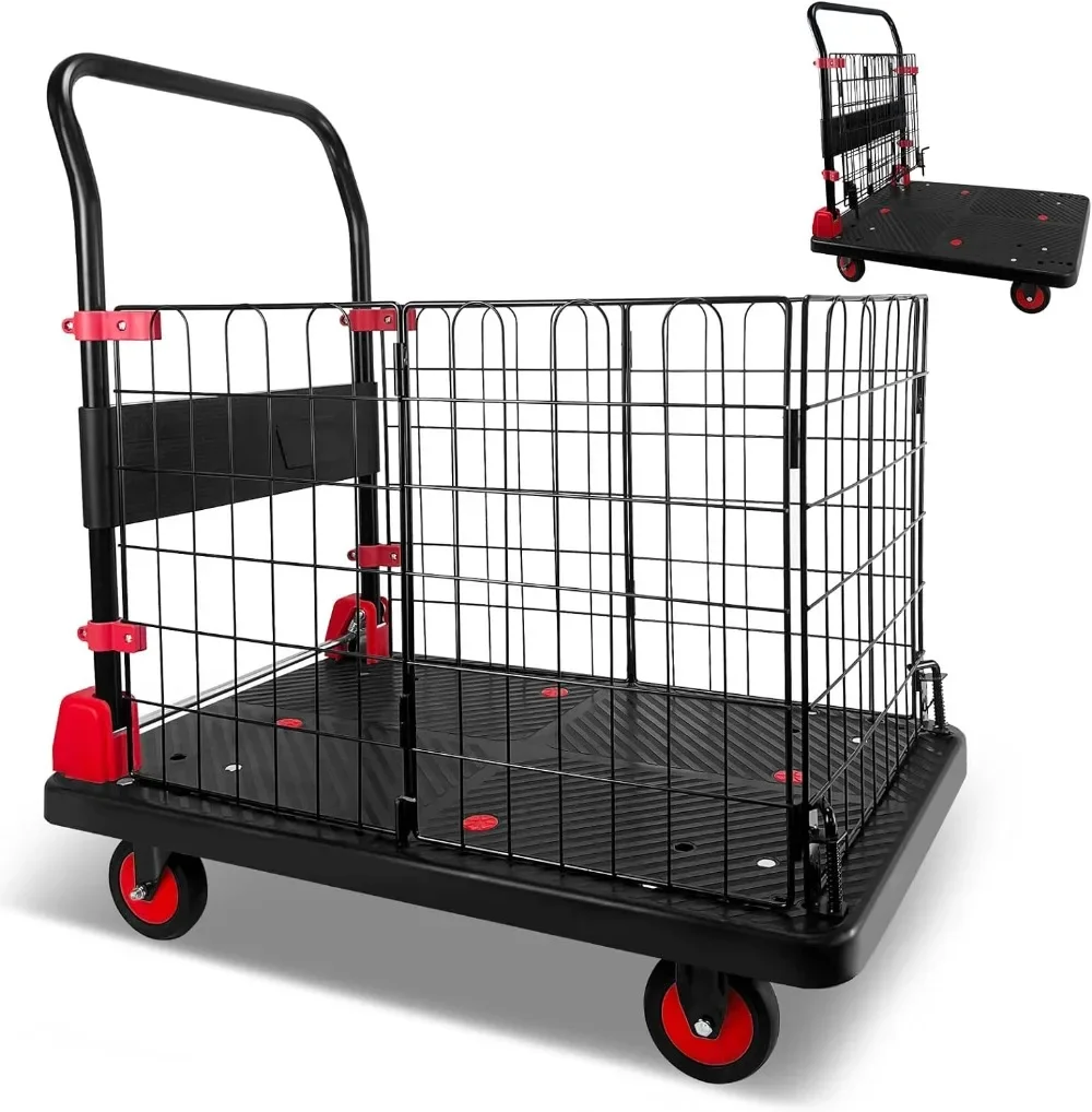 

Platform Truck Cart with Cage Foldable Push Cart Dolly 440lb Capacity W/ 5'' TPR 360 Degree Swivel Wheels, Heavy Duty