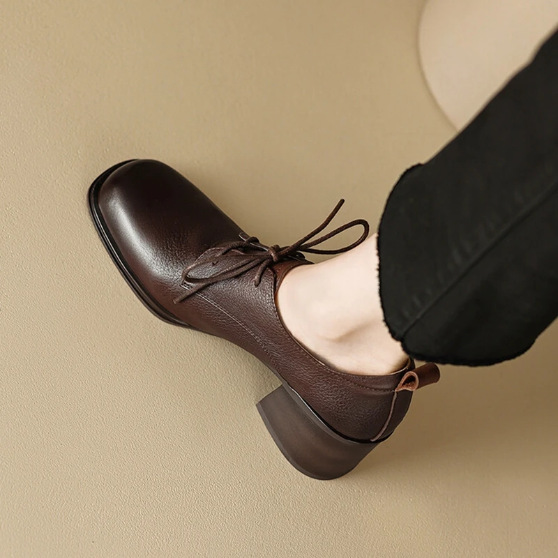 

2023 Spring Women Loafers Genuine Leather Shoes for Women Square Toe Chunky Heel Women Shoes Casual Black Lace-up Women Pumps