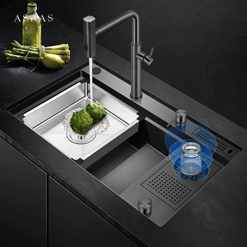 New Nanometer Honeycomb Embossing Step Handmade kitchen Sinks Waterfall Faucet Cup Rinser Large Size kitchen Sinks