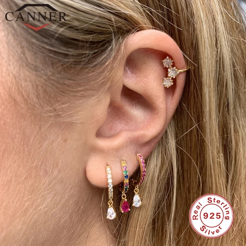 CANNER 100% Reale Dell'argento Sterlina 925 Orecchini Del Cerchio per Le Donne Goccia di Acqua Colorata CZ Zircone Tondo Orecchini pendientes Fine Jewelry  36