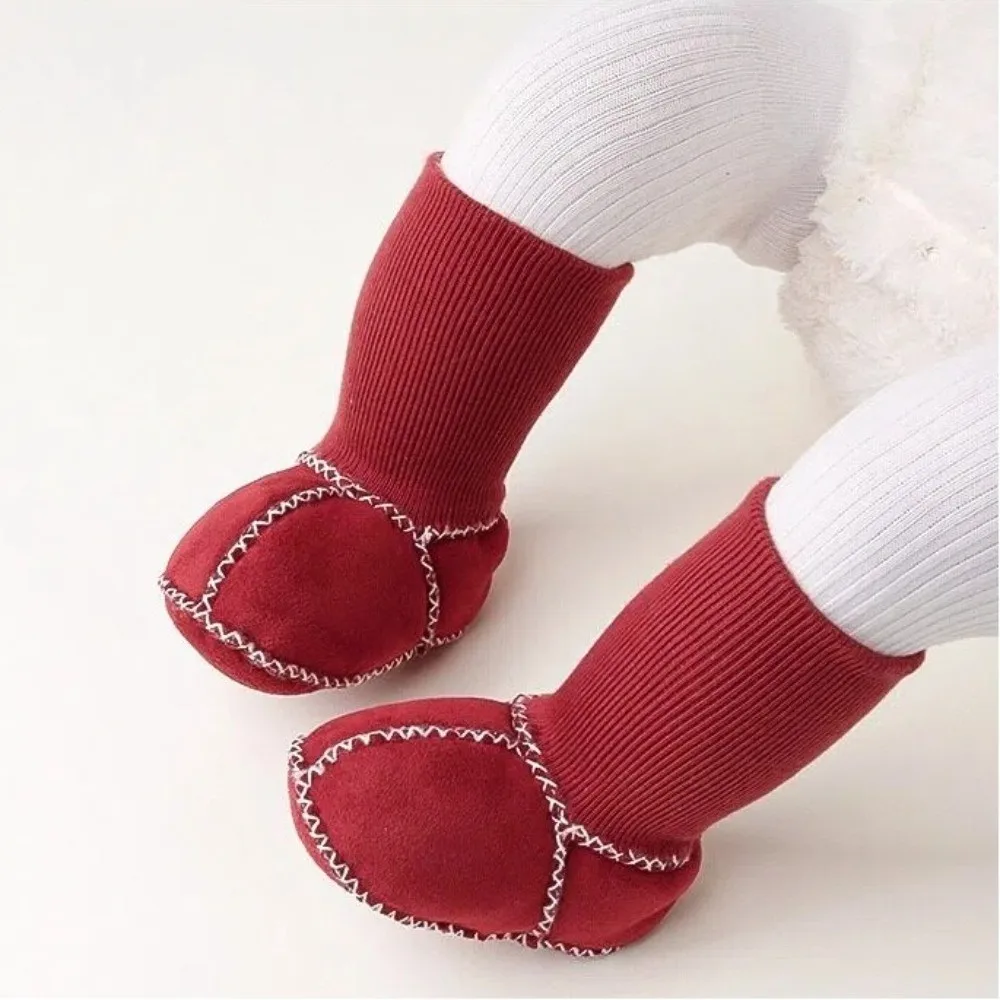 Thickened Suede Leather Shoes Fleece-Lined Suede Leather Socks Shoes Anti-slip Soft Bottom Infants Winter Booties 0-12 Months
