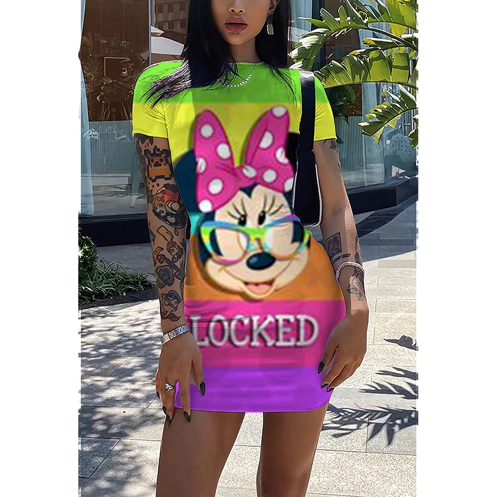 

summer Disney new temperament slim dress round neck Mickey Minnie sleeve short skirt female elegant retro large size dress