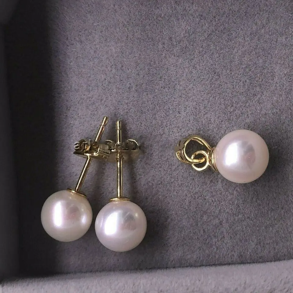 

8-13mm AAA Natural Akoya White Pearl Earring Pendant Set with 18 inch 14k Gold