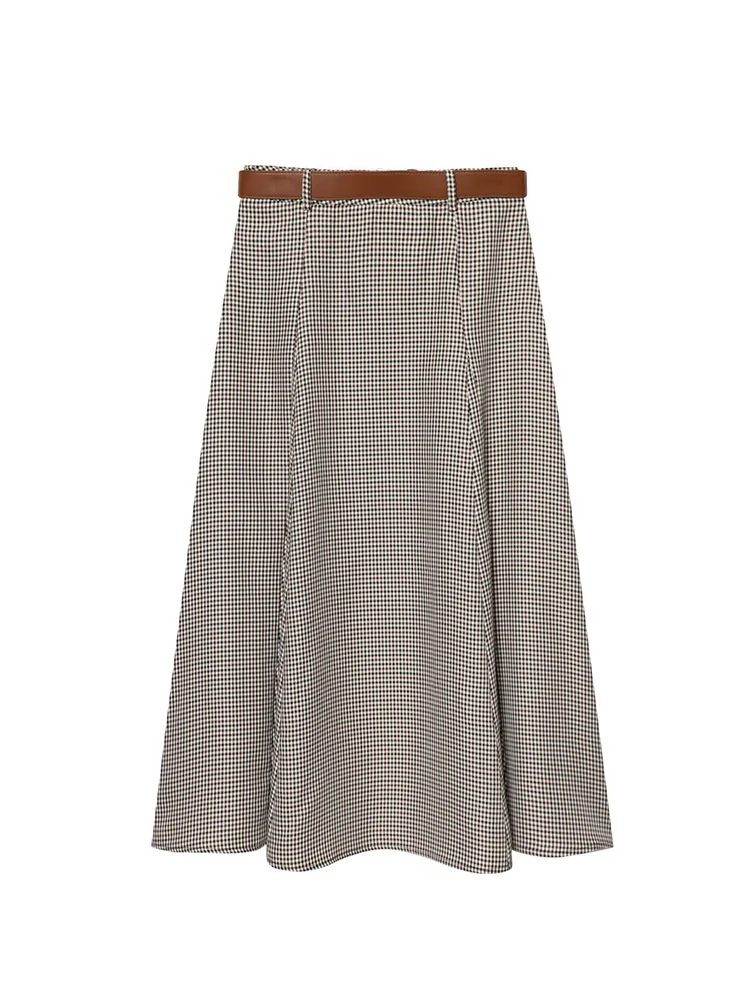 Autumn New Women Vintage Plaid Printed Skirts With Belt Elegant Temperament A-line Midi Skirts Fashion Casual Lady Skirts