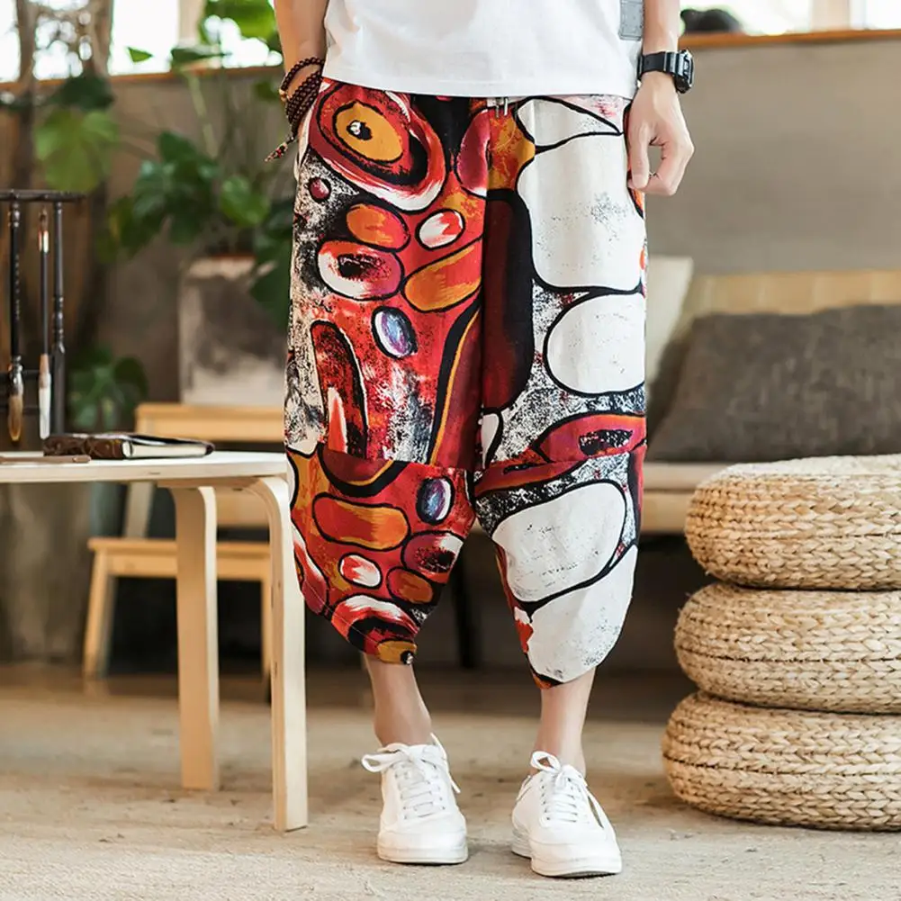 

Cropped Pants Skin-touching Tie Dye Print Loose Summer Pants Elastic Waistband Breathable Casual Trousers Daily Garment