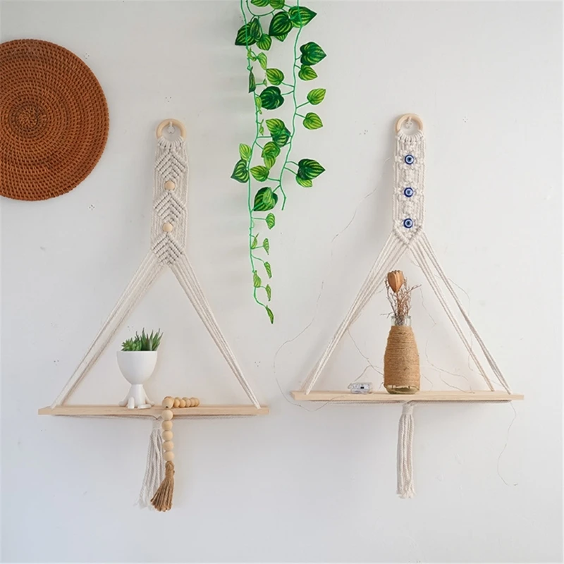 

Macrames Wall Hanging Shelf Blue Eyes Handmade Woven Floating Shelves Organizer Hangers Storage Rack for Indoor Drop Shipping