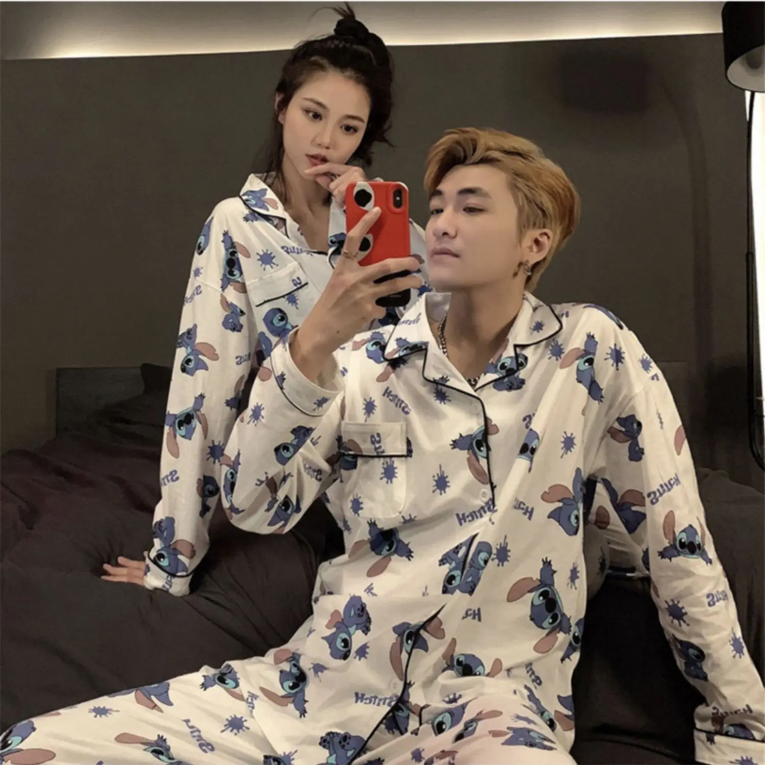 귀여운 애니메이션 스티치 커플 파자마 세트 봄과 가을 따뜻한 소녀 긴 소매 바지 잠옷 귀여운 홈웨어