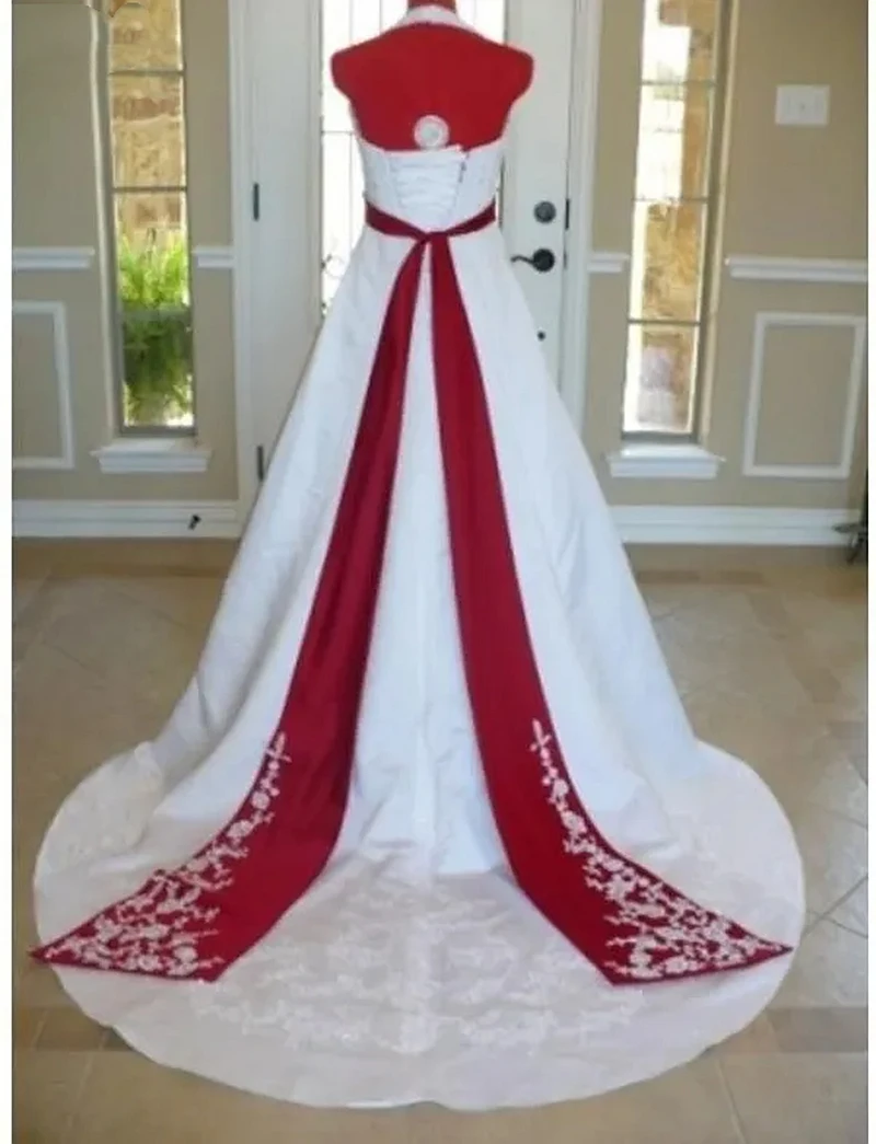 Vintage White And Burgundy Wedding Dress Empire Waist A Line Long