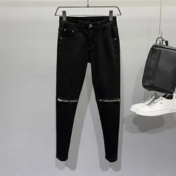 New Arrival Fashion Luxury Designer Men's Korea Tight Skinny Jeans with Knee Zipper Designer Black Cowboy Streetwear Punk Pants