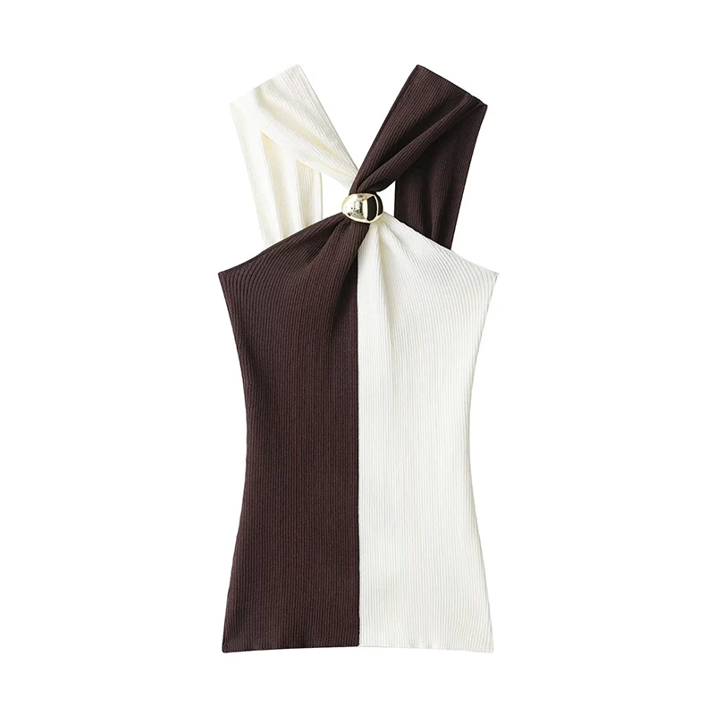 New Halter Tops Fashion Metal Decoration Crop Top Woman 2025 Sleeveless Knitted Short Tops For Women Sexy Party Top