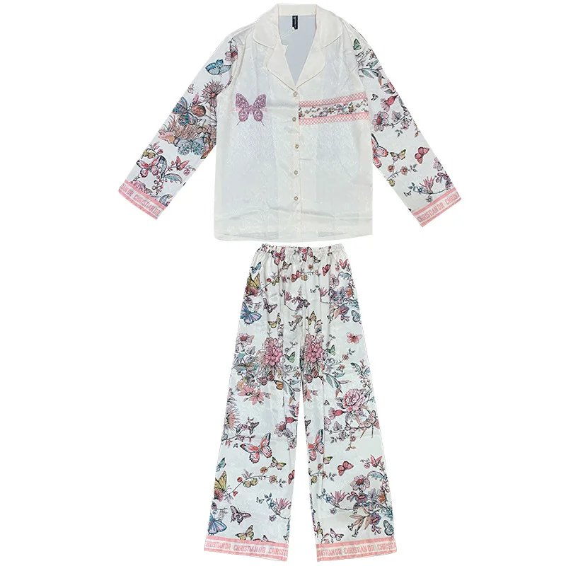 2024 Cool and breathable ice silk pajamas women's long sleeved set butterfly loose women's thin home clothing pajamas sleepwear