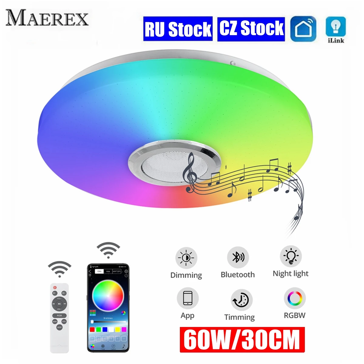 60W RGB Dimmable Music Ceiling lamp Remote&APP control Ceiling Lights AC180-265V for home bluetooth speaker lighting Fixture