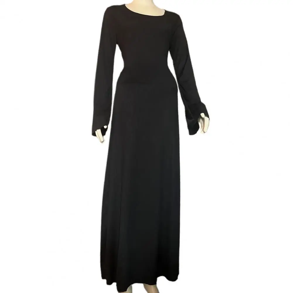

A-line Silhouette Dress Solid Color A-line Dress Elegant U Neck Maxi Dress A-line Silhouette Slim Fit Long Horn Sleeves Back