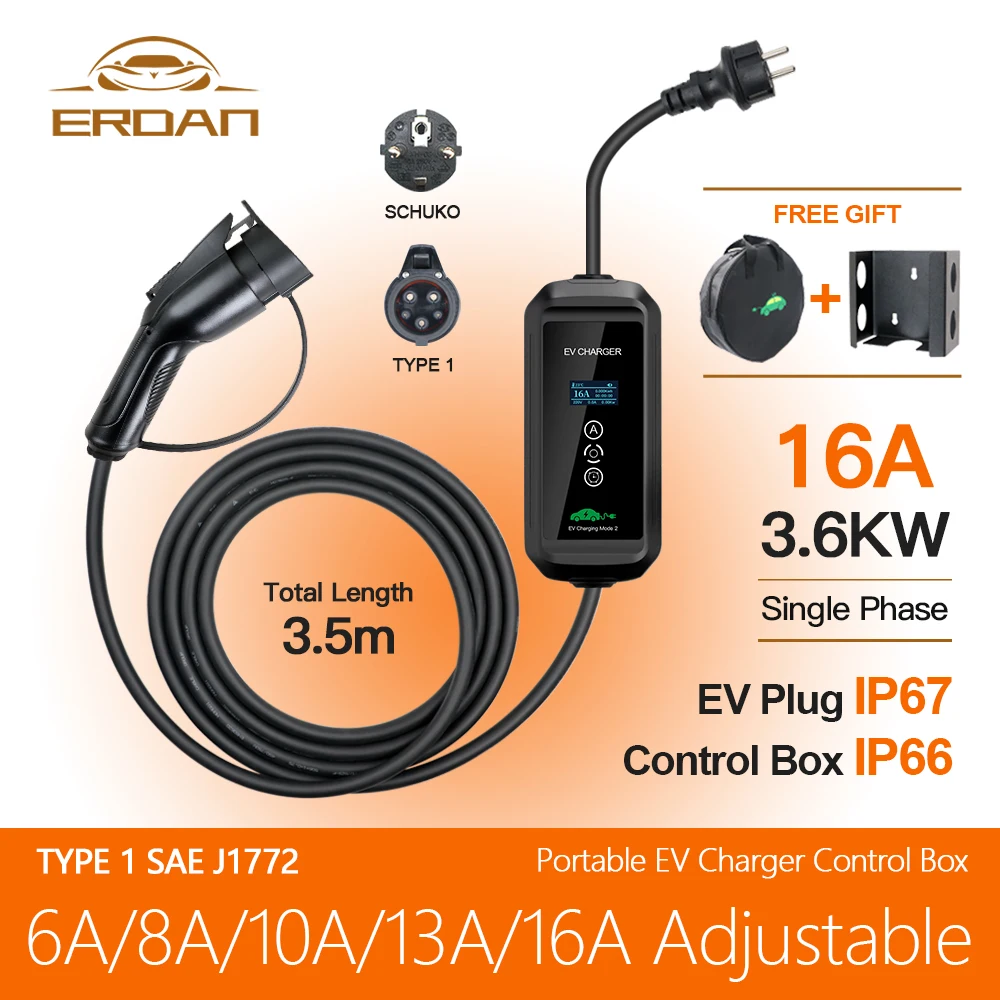 

ERDAN 110 кВт EVSE зарядный кабель Тип 1 SAE J1772 240-в портативный EV зарядный кабель кВт Wallbox для электромобилей