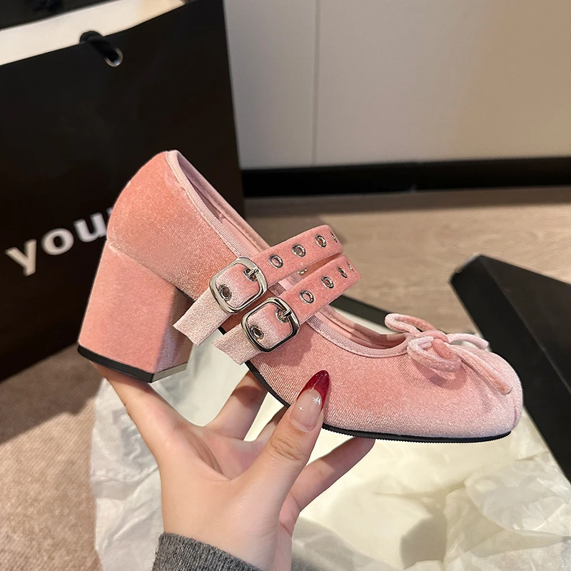 Bow Elegant Shallow Mary Janes Shoes Chunky High Heels Buckle Fad Pumps Spring New Trend 2025 Dress Designer Mujer De Zapatillas 5