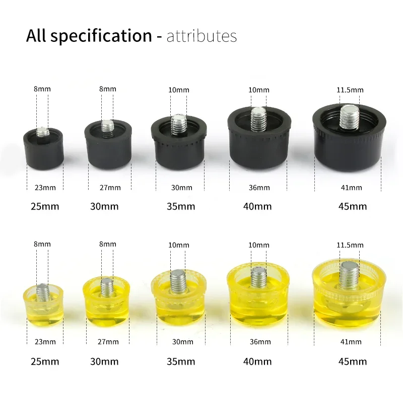 Rubber hammer 1 Pair of Double Face Tap Rubber Hammer Head 25mm 30mm 35mm 40mm 45mm Yellow and Black Nylon Heads